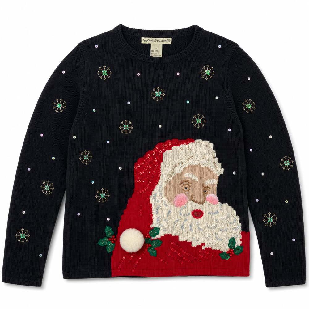 Carly St. Claire Vintage Christmas Santa Claus Embellished Knit Sweater XL